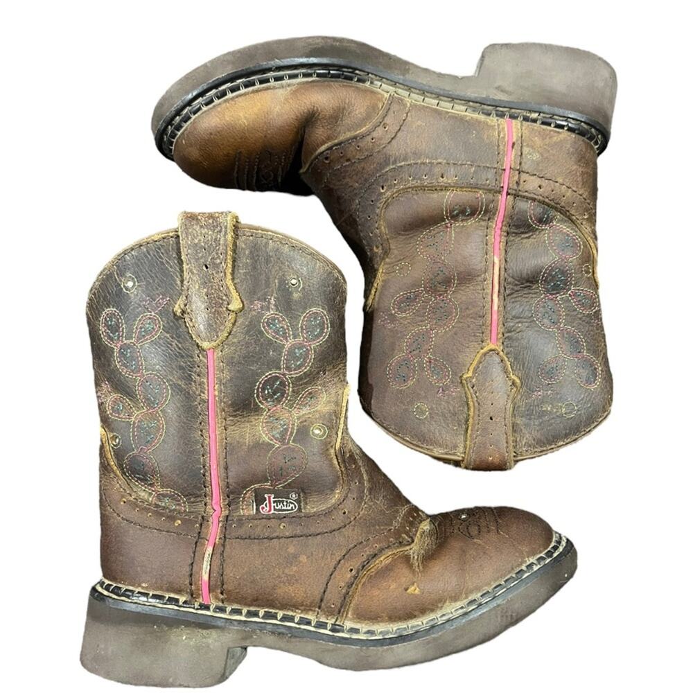 Justin Girl's Glitzi Brown Cactus Print Western Boot